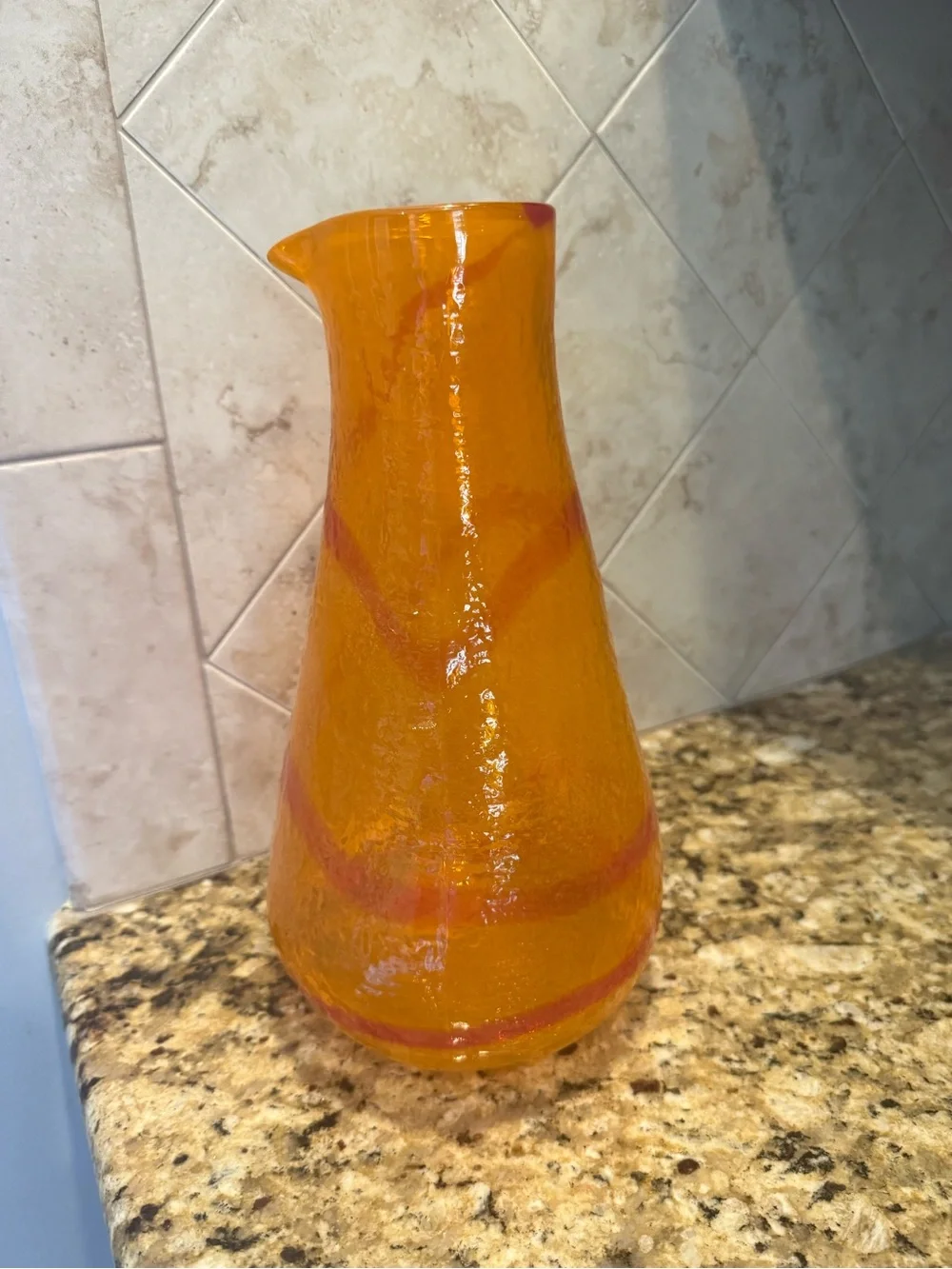 Pier 1 Imports Orange Red Swirl Mouth Blown Art Glass Canyon WATER PITCHER 11.5